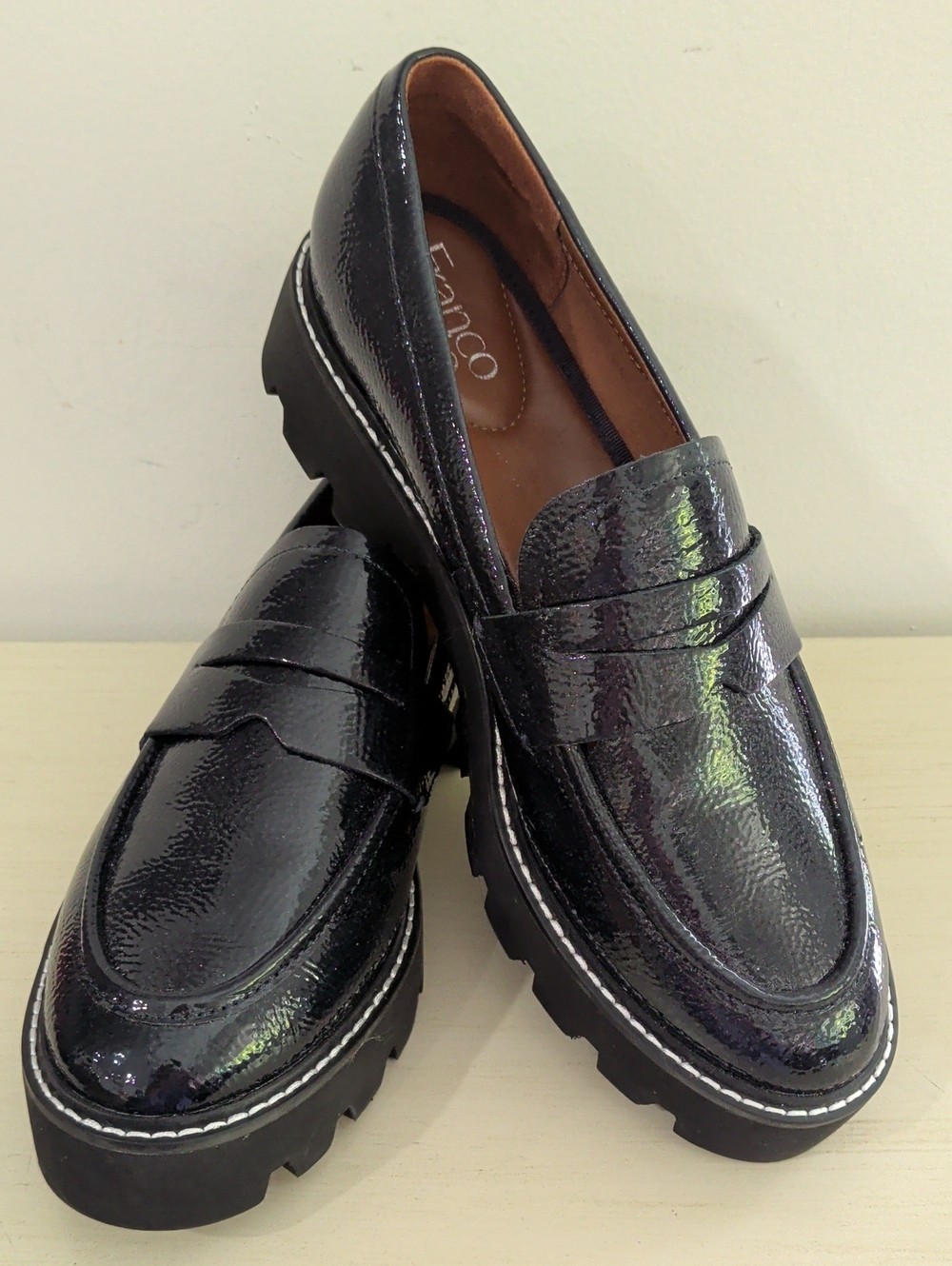 NEW Franco Sarto Navy Patent Chunky Lug Penny Loafers Size 8